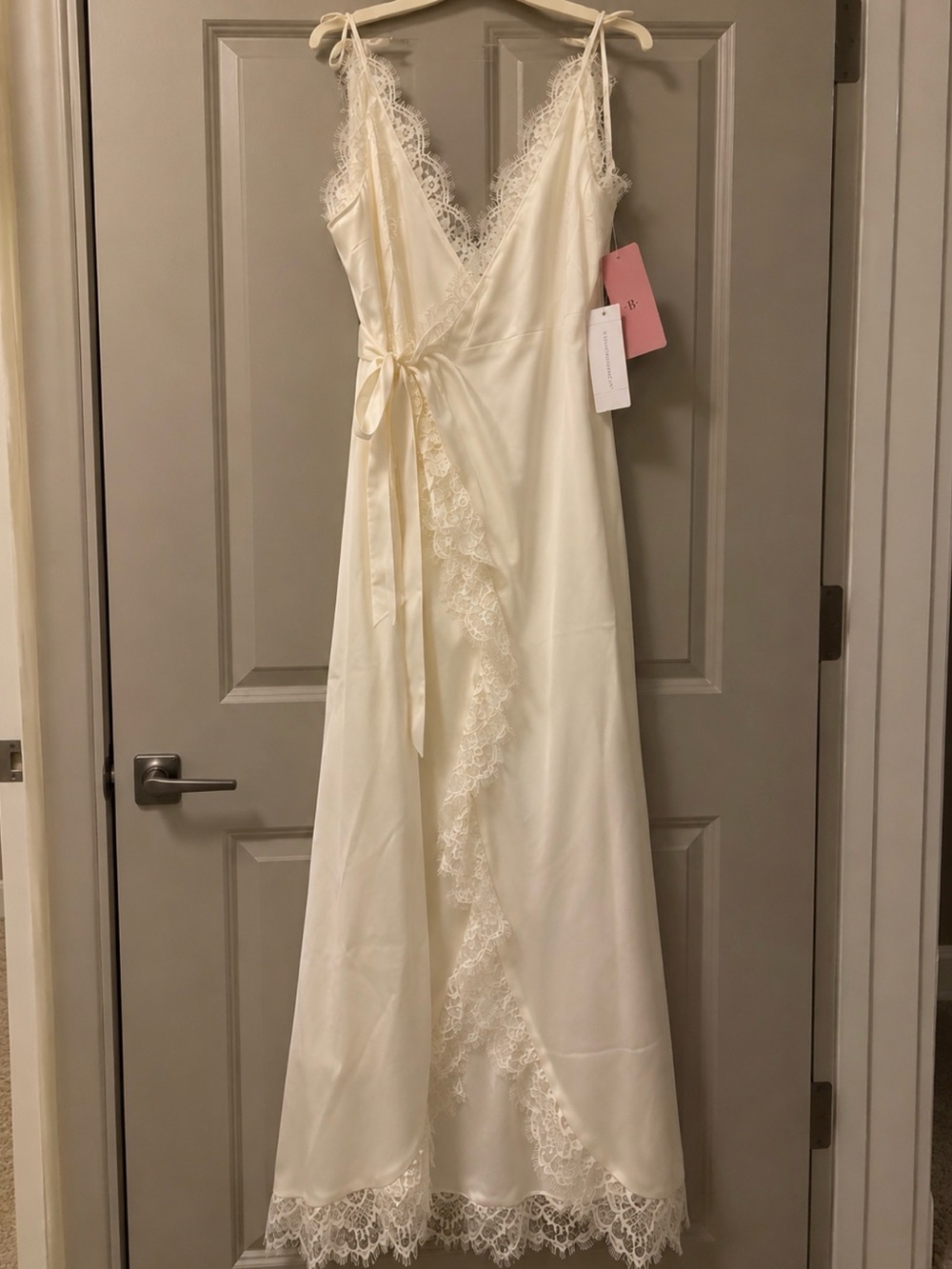 BHLDN V-Neck Tiered Ruffle Lace Satin Maxi Dress Ivory. L. originally $298. NWT